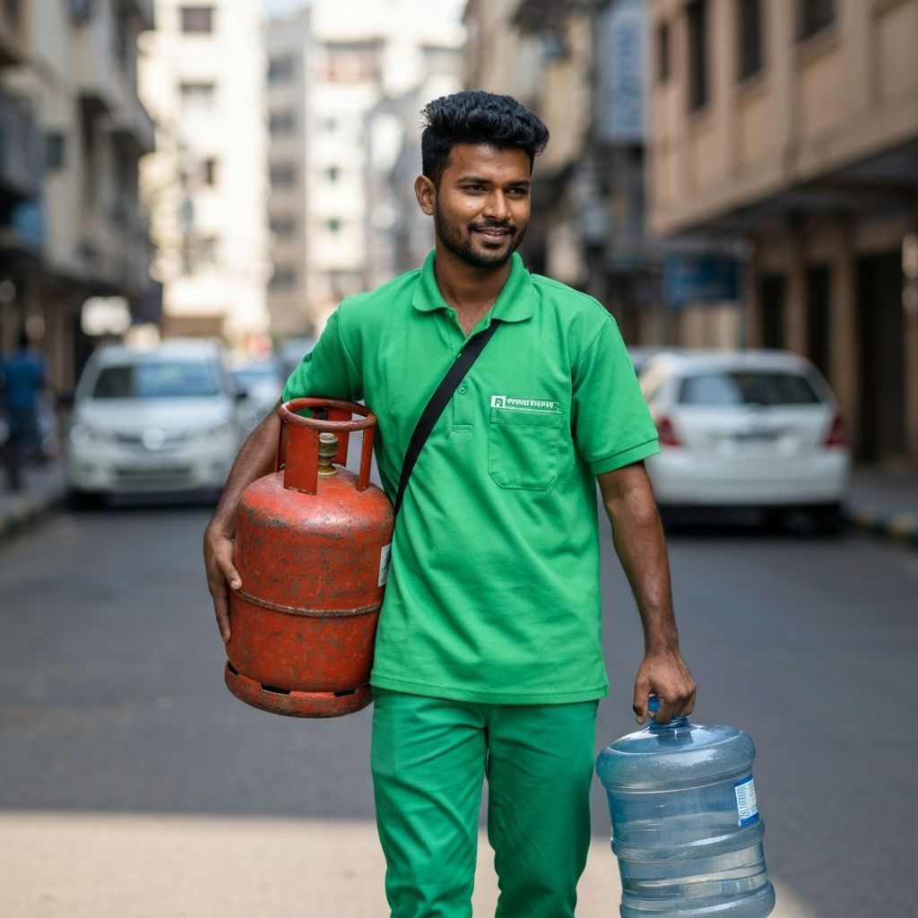 Entregador RCA DISTRIBUIDORA com botijão de gás e galão de água